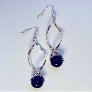 Claire's / Icing • Silver Tone Open Swirl Drop Earrings w/ Black / Onyx Bead